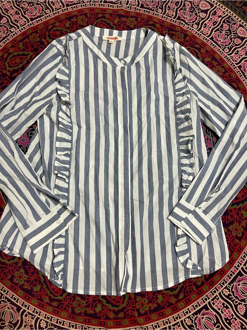 Mazik Navy and White Vertical Stripe Ruffle Button-Front Blouse size L NWOT
